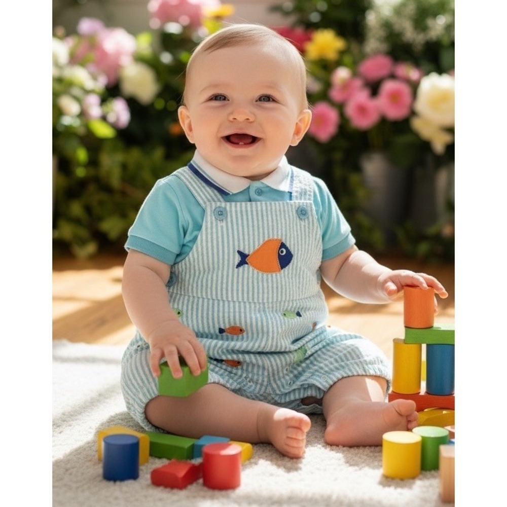 Nursery Rhyme Blue White Gingham Romper Fish Jon Jon‎ Size 6/9 Months Searsucker